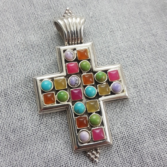 Vintage Jewelry - Vintage 925 SS Multi-color Gemtone Cross Pendant